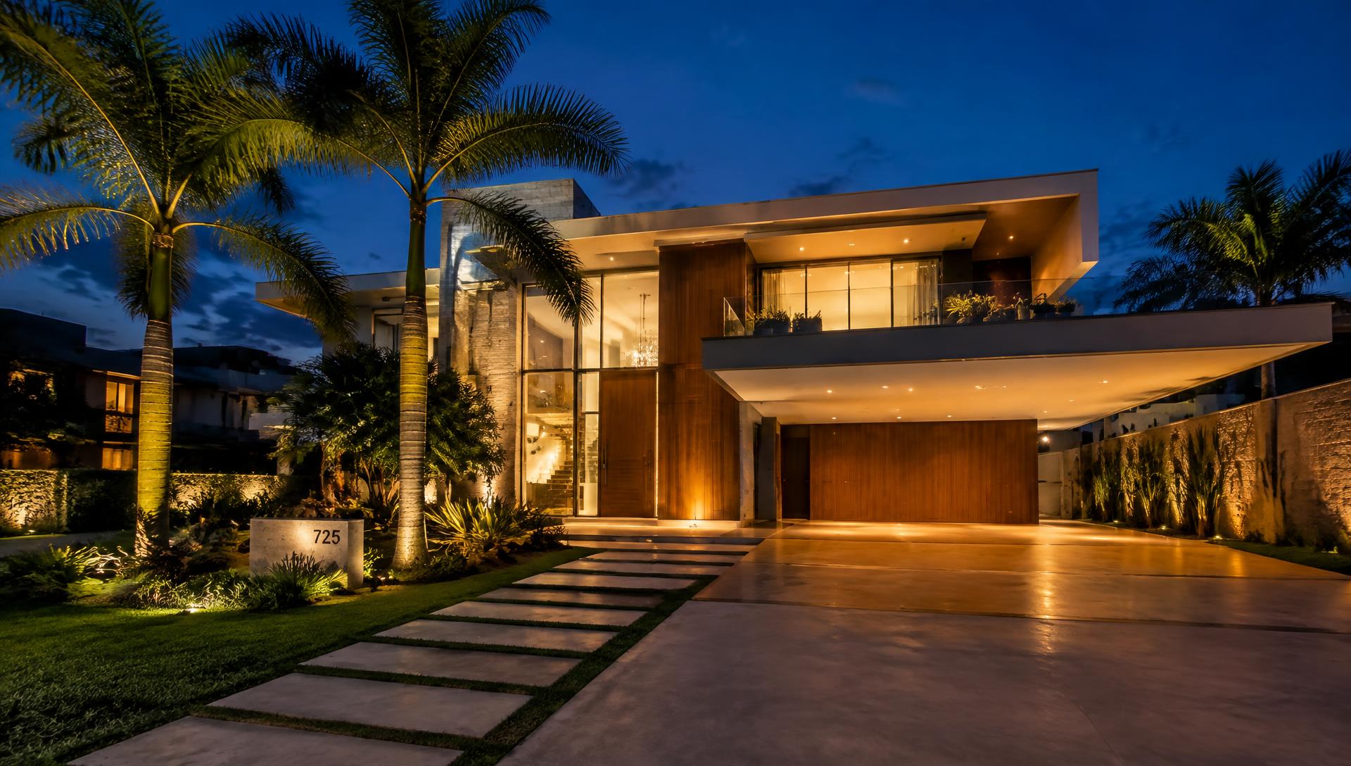 Casa moderna de alto padrão ao entardecer
